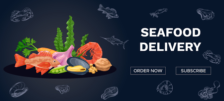 Seafood delivery banner with colorful icons of fish, mussels, salmon, shrimp, eco nutrition concept, diet menu vector illustration.のイラスト素材