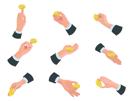 Businessman hand holding bitcoin isometric icons, cryptocurrency golden coin, digital money objects, 3d vector illustration of modern financial symbolsのイラスト素材