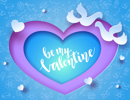 Valentines day banner in trendy paper art style with carved heart and couple of pigeons silhouette, romantic background for holiday invitation with letteringのイラスト素材