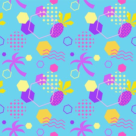 Seamless color summer pattern with pineapple and palm, trendy geometric memphis style vector...