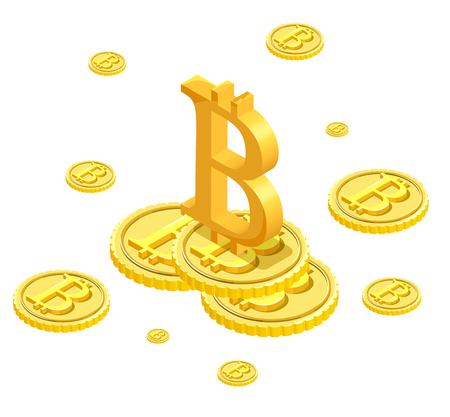 Bitcoin isometric isolated icons, cryptocurrency golden coin, digital money objects, 3d vector illustration of modern financial symbols, wealth conceptのイラスト素材