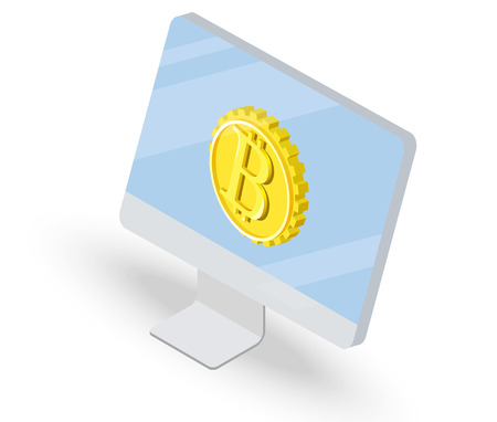 Bitcoin isometric isolated icon on computer monitor, cryptocurrency golden coin, digital money object, 3d vector illustration of modern financial symbol, wealth conceptのイラスト素材