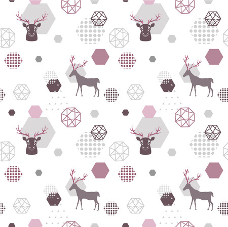 Reindeer geometric trendy seamless pattern with animal silhouette, winter holidays scandinavian minimal pattern, invitation vector backgroundのイラスト素材