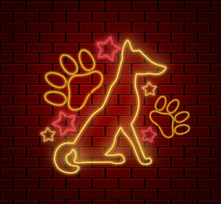 Happy new year 2018 vector illustration with dog silhouette, neon lights, party background or signboard, vector illustrationのイラスト素材