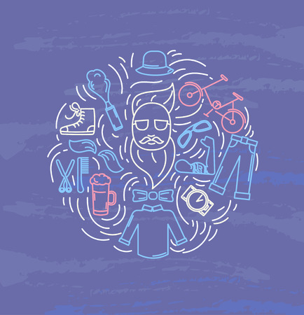 Hipster accessories set in line art style with trendy clothing, gadgets, bicycle, icons collection, template for banner, flyer, print, vector illustrationのイラスト素材