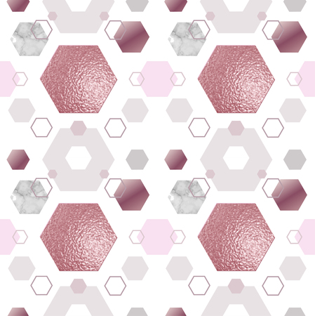 Marble gold rose seamless pattern for geometric poster, repeat background in trendy minimalist style with stone, hexagon, foil, glitter, metallic textures, vector illustrationのイラスト素材