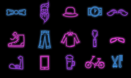 Hipster neon icon set with accessories in line art style with trendy clothing, gadgets, bicycle, icons collection, template for banner, signboard, flyer, vector illustrationのイラスト素材
