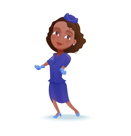 Stewardess cartoon character, airline crew member, cute african girl in blue uniform doing safety briefing, vector illustrationのイラスト素材