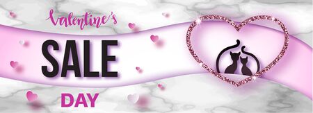 Valentines day sale banner in trendy paper art style with carved heart and couple of cats silhouette, romantic background  with marble texture for holiday shopping, discount flyer templateの写真素材