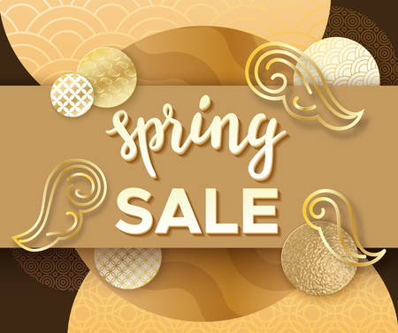 Spring sale paper art poster with japan wave pattern, lettering,modern banner or background in trendy oriental geometric style, gold metal gradient, chinese eastern ornament, trendy vector invitationのイラスト素材