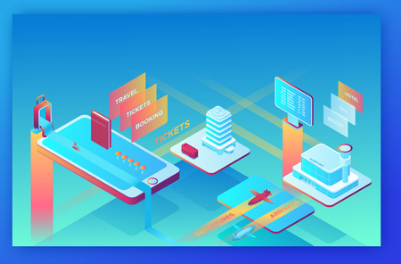 Mobile travel concept, landing page template with isometric 3d icons of hotel, airplane, smartphone, tickets, passport, application design, vector illustrationのイラスト素材