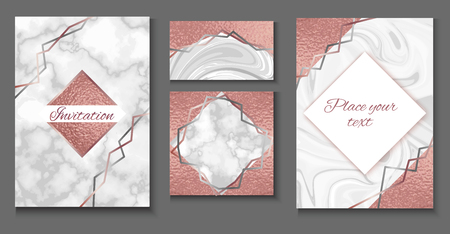 Brochure or vip packaging design set, luxury wrap paper template or background in trendy geometric style, with marble texture, gold rose metal, frame, vector fashion wallpaper, poster, gift boxのイラスト素材