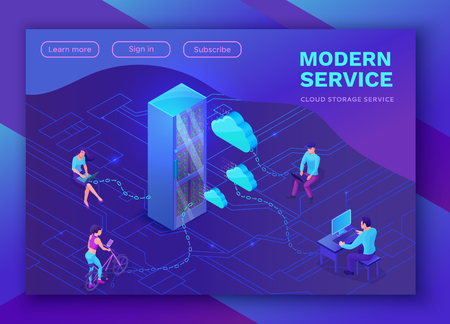 Isometric people with gadgets, laptop, smartphone, connecting cloud service, 3d vector illustration, landing page layout, vector web template, smart modern technolodgy concept, ultra violet colorsのイラスト素材
