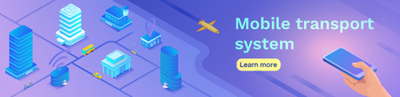Mobile transportation online service banner template, travel booking app concept with 3d isometric vector flat icons of smartphone, airplane, bus, electric scooter, intelligent building, skyscraperのイラスト素材