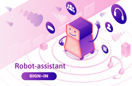 Artificial intelligence manages call center, isometric 3d vector illustration, customer service and mobile support landing page, operator with headphone, contact centre conceptの写真素材