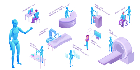 Medical robot set, isometric 3d vector illustration with ai technology in medicine, smart machine in healthcare, robotic sugery, nurse, online consultation, futuristic conceptのイラスト素材