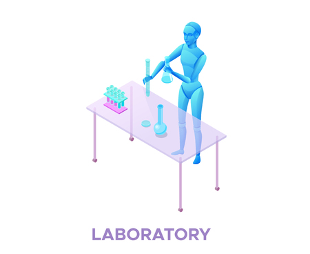 Robot in laboratory with glassware and flask, laborant experimenting with chemicals isometric 3d vector illustration with ai technology in pharmacy and biology, artificial intelligence in medicineのイラスト素材