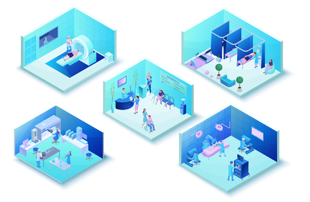 Medical clinic infographics with hospital hall interior, laboratory, surgery, physiotherapy, mri scanning, healthcare 3d isometric illustration wirh doctor, patient, diagnosis and treatmentのイラスト素材