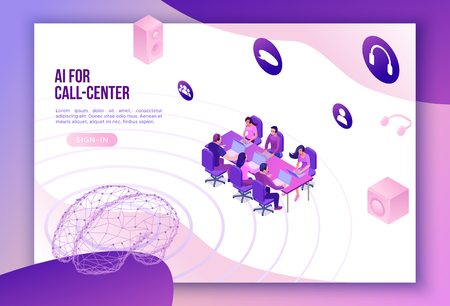 Isometric call center 3d vector illustration, artificial intelligence manages customer service, mobile support landing page, operator with headphone, contact centre conceptのイラスト素材