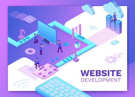 Web development 3d isometric concept, software management vector illustration with developer at conveyor building website, trendy violet background, landing page templateのイラスト素材