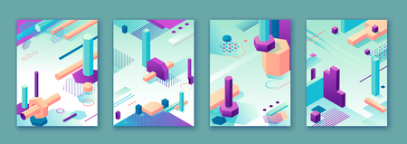 Abstract violet green isometric posters set in trendy purple color with geometric 3d shapes, brochure collection, futuristic background, colorful bright vector illustration, cover, printのイラスト素材