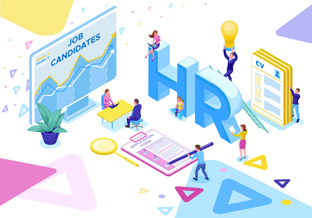 Job agency isometric infographic landing page template with 3d employer hiring talent worker, candidates search work via human resource mobile app, office business people, vector illustrationのイラスト素材