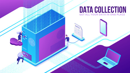 Data collection website template, isometric 3d illustration with computer, system block, people collection cloud data, modern infographics, teamwork concept, ui, ux designのイラスト素材