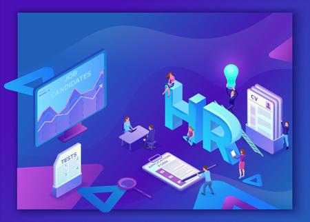 Job agency isometric infographic landing page template with 3d employer hiring talent  worker, candidates search work via human resource mobile app, office business people, illustrationのイラスト素材