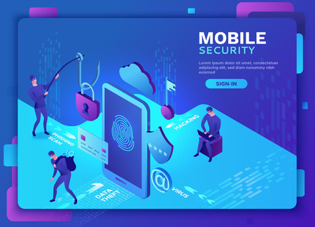 Mobile security concept, data protection, cyber crime, 3d isometric illustration, fingerprint, phishing scam, information protection, smartphone safetyのイラスト素材
