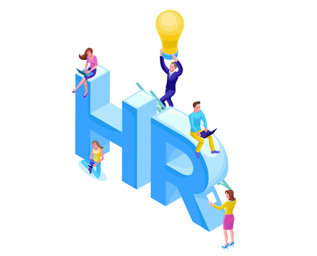 Job agency isometric infographic landing page template with 3d employer hiring talent worker, candidates search work via human resource mobile app, office business people, illustrationのイラスト素材