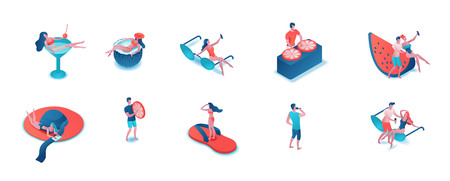 Party people 3d isometric isolated set, woman in swimsuit, men drinking and taking selfies, cartoon summer event background elements, pool holiday conceptのイラスト素材