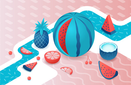 Fruits isometric set with watermelon, pineapple, coconut, cherry, red, citrus slice, summer...