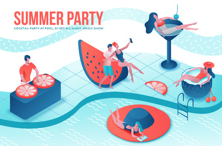 Summer Pool party isometric 3d illustration with cartoon people in swimsuit, drinking cocktail, relax, recreation spa concept, watermelon, orange, summer event background, leisure timeのイラスト素材