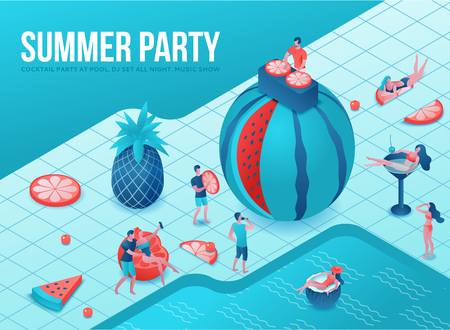 Pool party isometric 3d illustration with cartoon people in swimsuit, drinking cocktail, relax, dj, music, recreation spa concept, watermelon, orange, summer event background, leisure timeのイラスト素材
