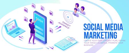 Social media marketing concept, 3d isometric infographic promotion campaign, online digital technology, horizontal banner, business people analyze advertising report, content plan, seo optimisationのイラスト素材