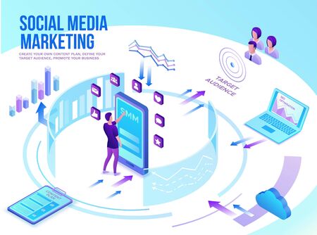 Social media marketing concept, 3d isometric infographic promotion campaign, online digital technology, business people analyze target audience, content plan, seo optimisation vector illustrationのイラスト素材