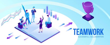 Teamwork 3d isometric illustration, employee win trophy, infographic hero leadership concept, business people in collaboration, successful person win cup, horizontal banner, website layout, uiのイラスト素材