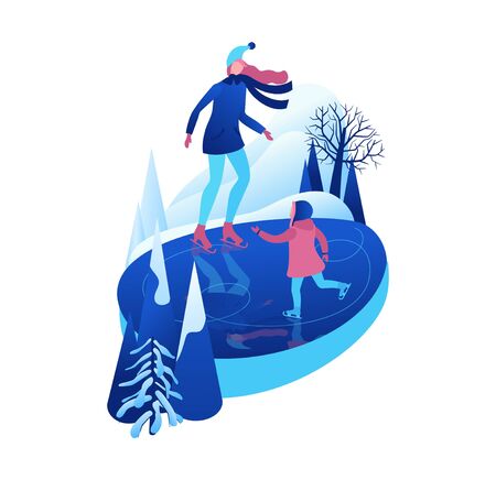 Ice skating isometric people, 3d vector winter sport family, christmas tree decorated, mother and kid playing and riding skate, simple skater, skating rink, outdoor snow games, cartoon charactersのイラスト素材