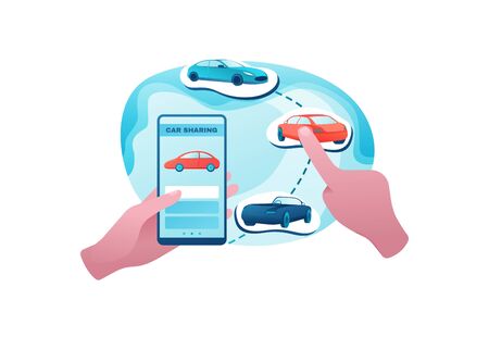 Urban transport concept, car sharing service, rent vehicle by smartphone, businessman order ride, rental service template, mobile app concept, flat vector design, turquoise, red colorのイラスト素材