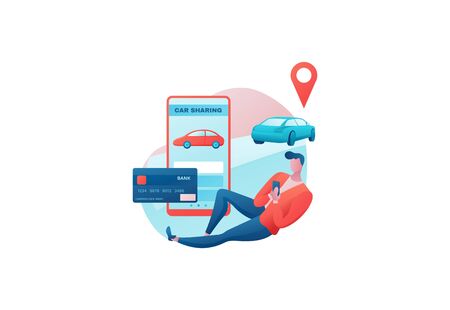 Car share concept, man order vehicle by smartphone, rental service template, mobile app concept, bank card, online payment, transport sharing concept, cartoon characterのイラスト素材