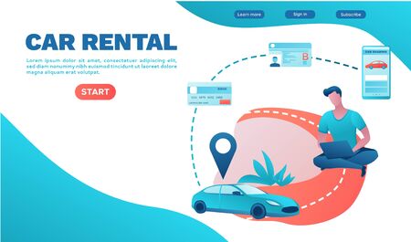 Rental service landing page, car share, businessman order ride, rental service template, mobile app, transport sharing concept, flat vector, turquoise, red color, ui designのイラスト素材