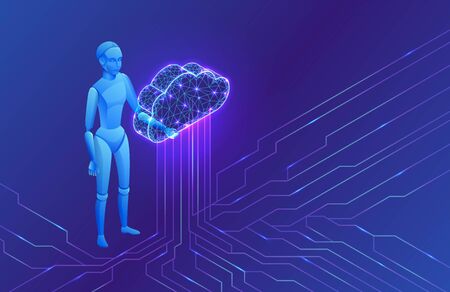 Artificial intelligence in cloud computing infographics, isometric robot, 3d vector illustration, futuristic ai technology, smart robotic data storage conceptのイラスト素材