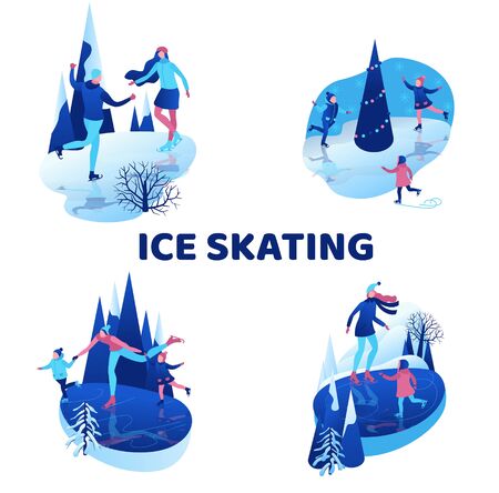 Ice skating isometric people illustration set, 3d vector winter sport family, christmas tree decorated, kids playing and riding skate, simple skater, skating rink, outdoor snow games, ui, ux designのイラスト素材