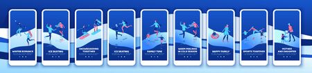 Winter sports mobile app template set, ski, snowboard,together, vertical layout, ui design, ice...
