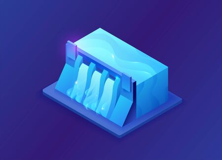 Hydroelectric power plant isometric vector illustration, 3d blue neon electric energy stationのイラスト素材