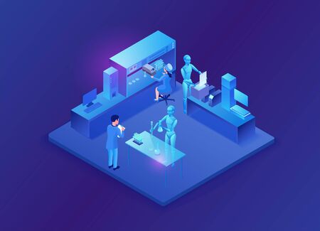 Science laboratory innovative concepts with robot doing research, lab technician conducting experiment, blue neon vector illustrationのイラスト素材