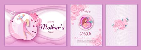 Mother's day origami paper art greeting card set in trendy style with frame, patterns, flowers, african woman holding baby silhouette, Colorful carved vector illustrationのイラスト素材