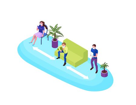 People in face mask keep social distance in public space during 019-nCoV Coronavirus outbreak, registry or reception room, prevent virus contamination, 3d isometric illustrationのイラスト素材