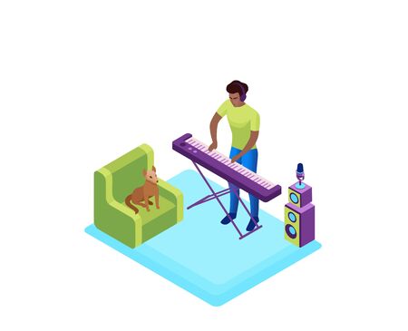 Man playing synthesizer, musician with piano, 3d isometric vector illustration of indoor activity and creative hobby during quarantine timeのイラスト素材