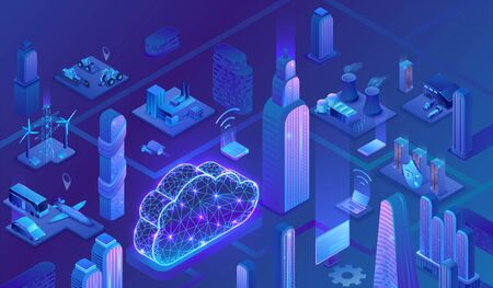 Smart grid city 3d isometric infographics, blue neon concept with solar panels and electricity pole, nuclear, thermal power plant, hydroelectric power station, transport system, 3d isometric iconsのイラスト素材